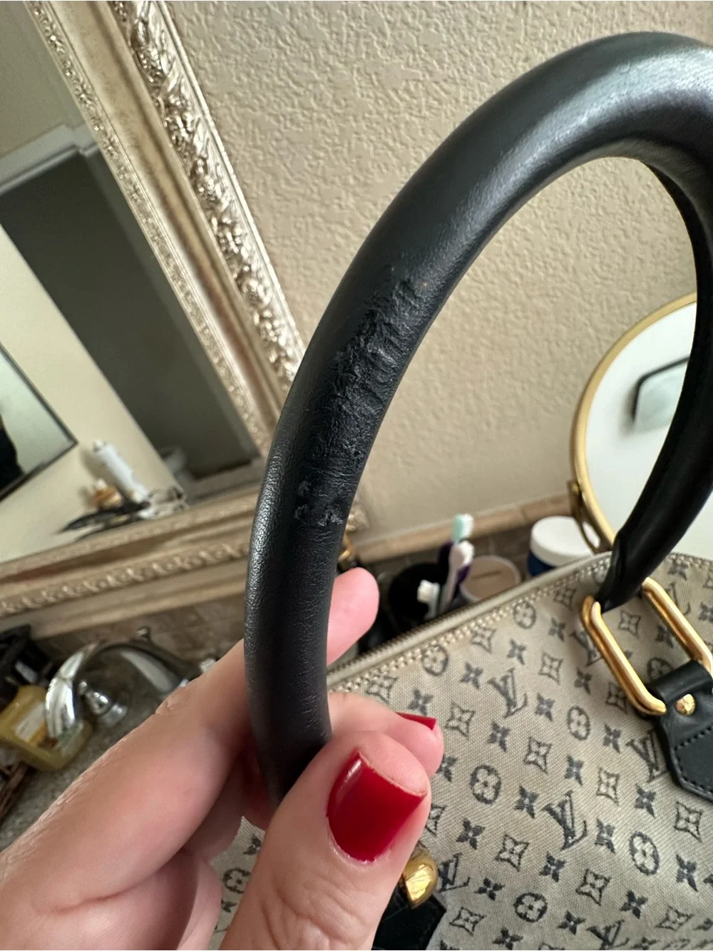 Louis Vuitton Beige Monogram Satchel with Black Trim and Gold Hardware